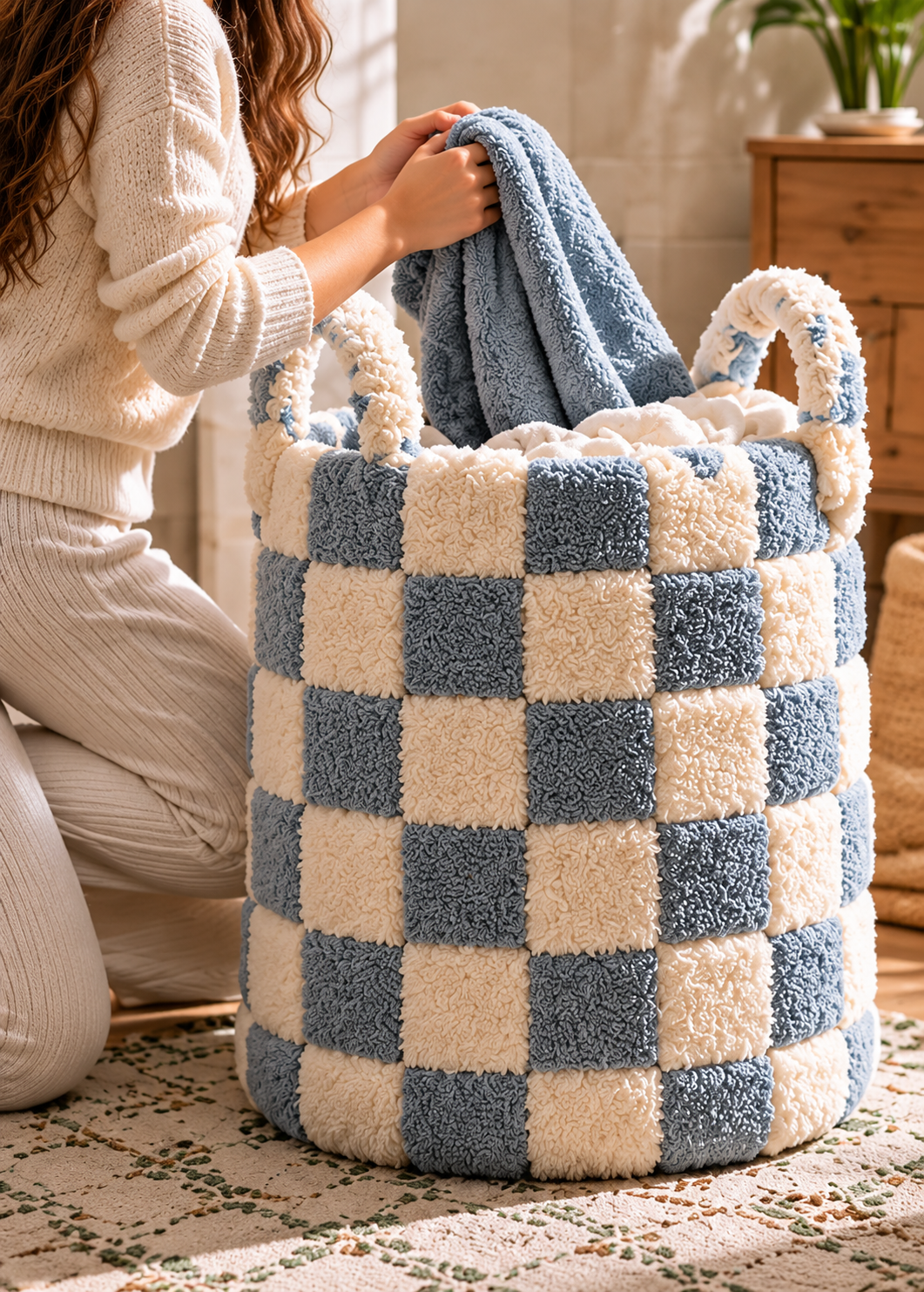 Doutergas Blue Gingham Plush Woven Laundry Basket
