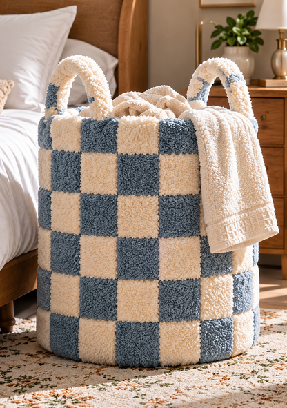 Doutergas Blue Gingham Plush Woven Laundry Basket